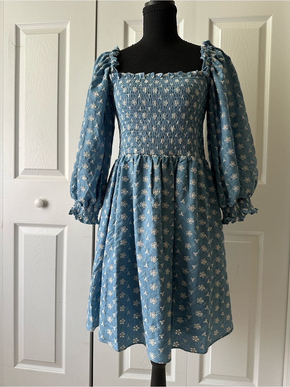 NWT Blue Floral Smocked Dress with Puff Sleeves